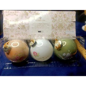 Rachel Ashwell Shabby Chic Set 3 Glass Ornaments 100 MM Rose Floral Flower boxed